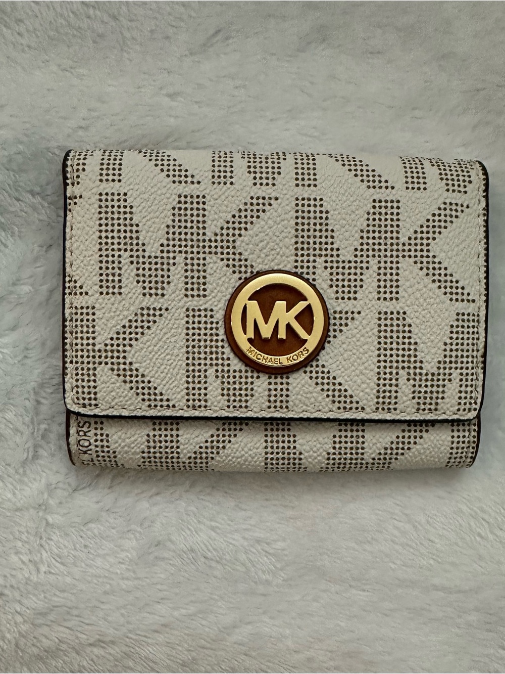 Michael Kors Cream and Brown Logo Trifold Wallet with Gold MK Medallion